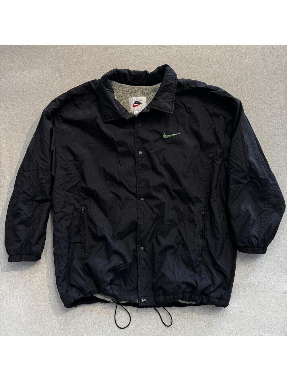 Vintage 90s Nike Men's Black Coach Jacket  XL Sherpa Lined Green Mini Swoosh